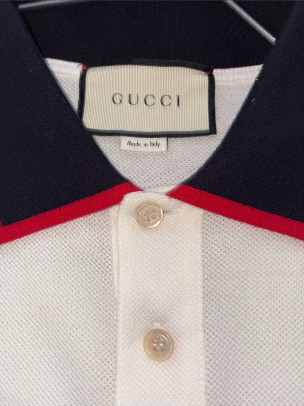 Gucci White Long-Sleeve Polo with Green & Red Shoulder Stripes